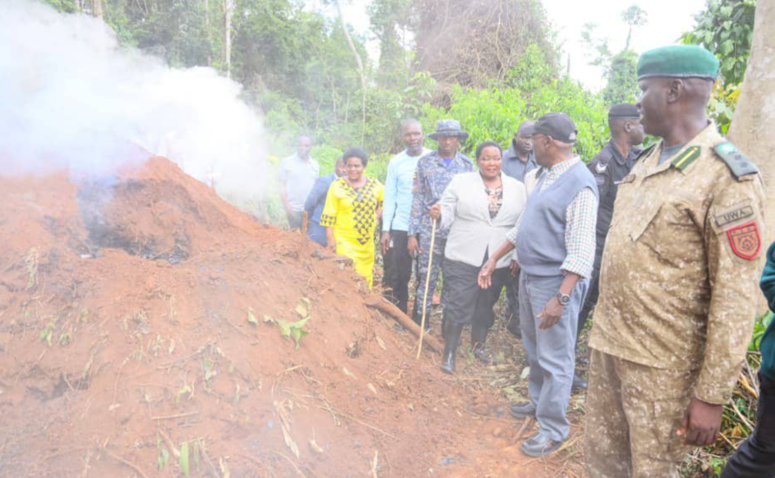 The Prime Minister inspects an illegal charcoal-burning site in the Bugoma area